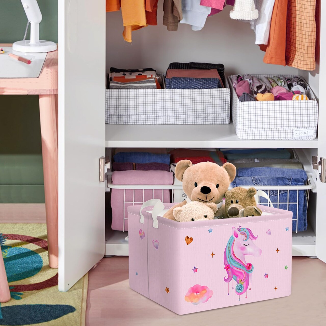 Adorable Pink Unicorn Basket for Girls Rectangle Cloud Star Heart Shelf Basket Clothes Books Toy Storage Cube, 21L